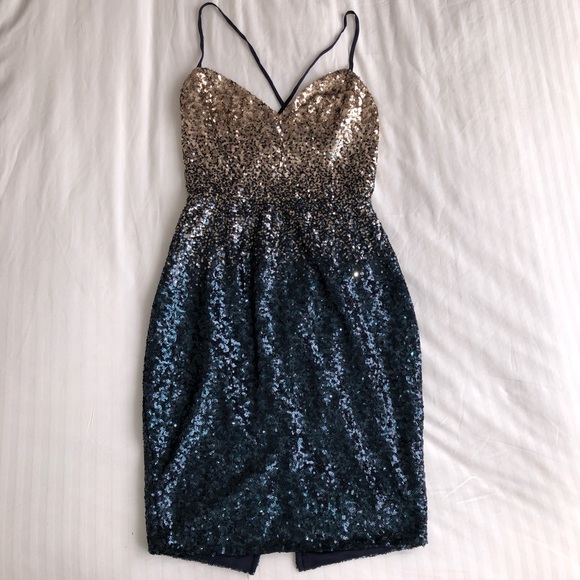 COCKTAIL STRAPPY BACKLESS NAVY TO GOLD OMBRE SEQUIN MINI DRESS - Picture 1 of 11